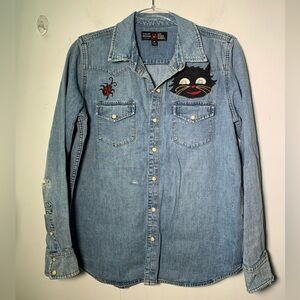 Lucky Brand x Lot Stock and Barrel Blue Denim Shirt with Fun cat Ladybug Patches